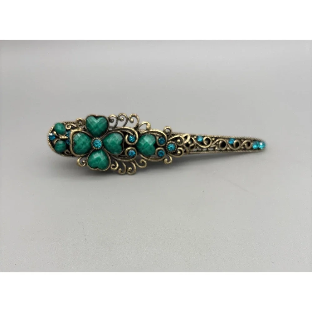 Vintage Hair Clip Barrette Blue‎ Rhinestone Heart Pewter Metal 5